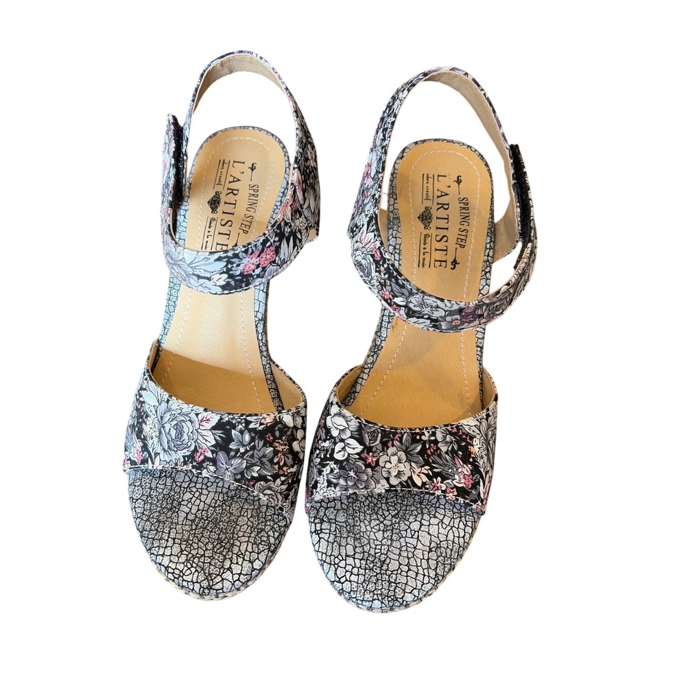 L'Artiste Spring Step Ellimae Multi Floral Wedge Sandals Leather 37 US 6.5-7 - Picture 2 of 9